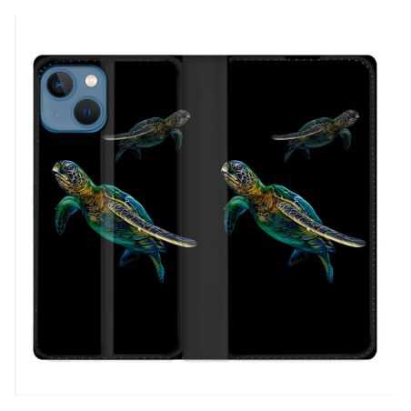 Housse Cuir Portefeuille Pour Iphone 14 (6.1) Animal Tortue Noire multicolore