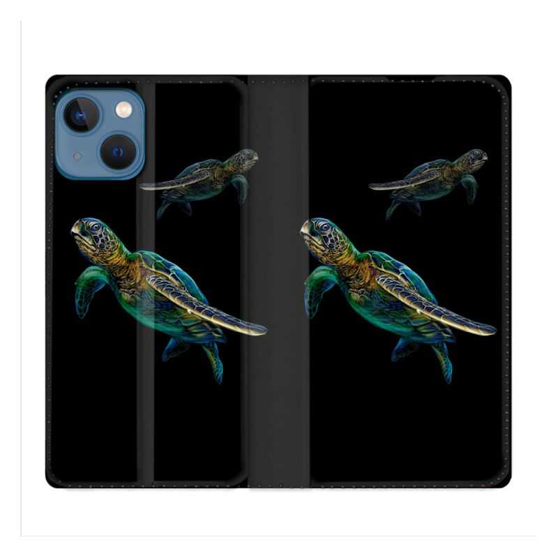 Housse Cuir Portefeuille Pour Iphone 14 (6.1) Animal Tortue Noire multicolore