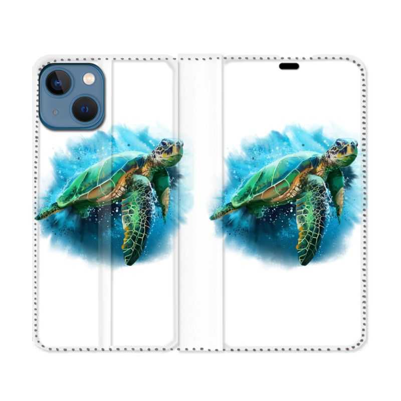 Housse Cuir Portefeuille Pour Iphone 14 (6.1) Animal Tortue Blanche multicolore