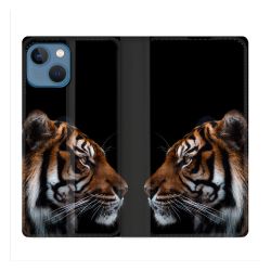 Housse Cuir Portefeuille Pour Iphone 14 (6.1) Animal Tigre Noir