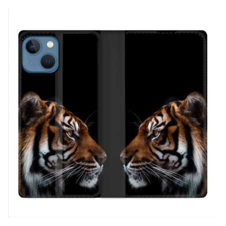Housse Cuir Portefeuille Pour Iphone 14 (6.1) Animal Tigre Noir
