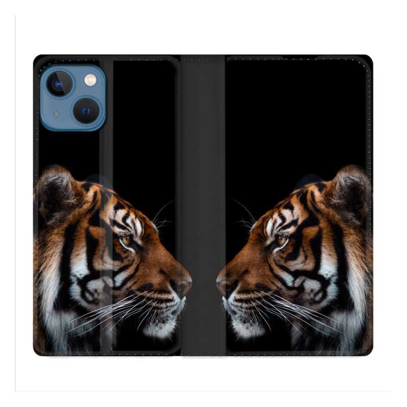 Housse Cuir Portefeuille Pour Iphone 14 (6.1) Animal Tigre Noir