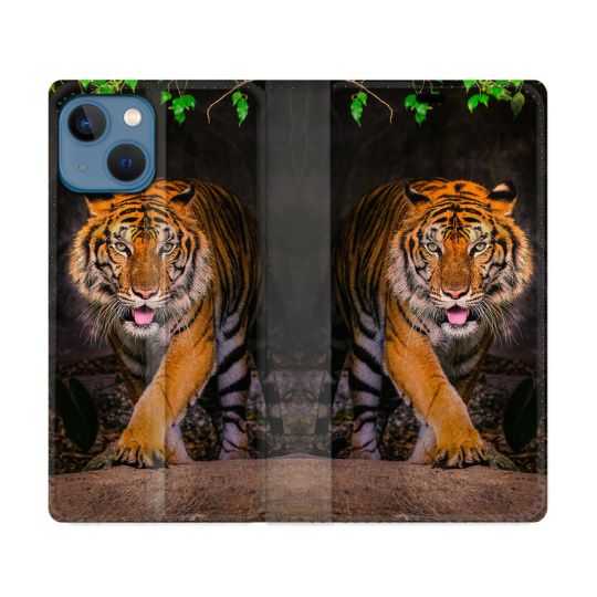 Housse Cuir Portefeuille Pour Iphone 14 (6.1) Animal Tigre Jungle