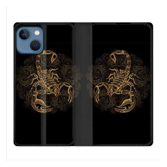 Housse Cuir Portefeuille Pour Iphone 14 (6.1) Animal Scorpion Fresque