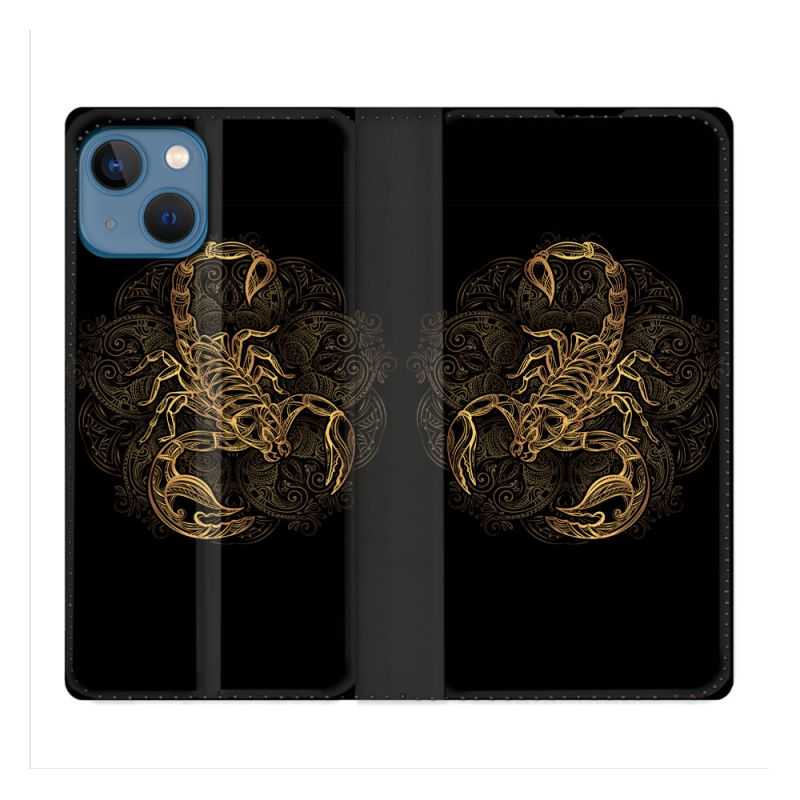 Housse Cuir Portefeuille Pour Iphone 14 (6.1) Animal Scorpion Fresque