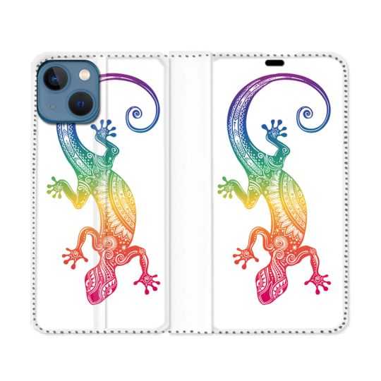 Housse Cuir Portefeuille Pour Iphone 14 (6.1) Animal Salamandre Color
