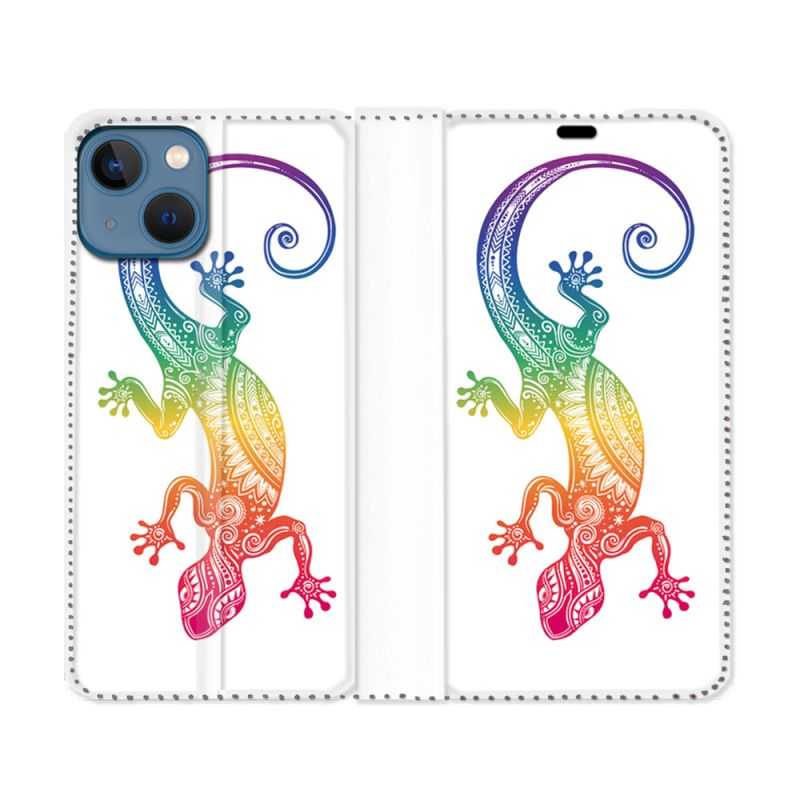Housse Cuir Portefeuille Pour Iphone 14 (6.1) Animal Salamandre Color