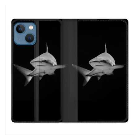 Housse Cuir Portefeuille Pour Iphone 14 (6.1) Animal Requin Sombre