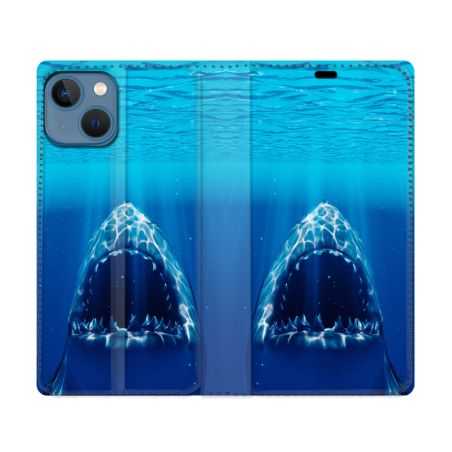Housse Cuir Portefeuille Pour Iphone 14 (6.1) Animal Requin Dent