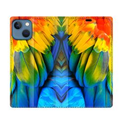 Housse Cuir Portefeuille Pour Iphone 14 (6.1) Animal Perroquet Plume