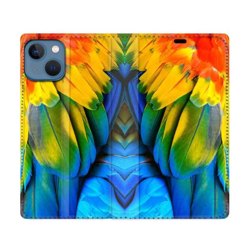Housse Cuir Portefeuille Pour Iphone 14 (6.1) Animal Perroquet Plume