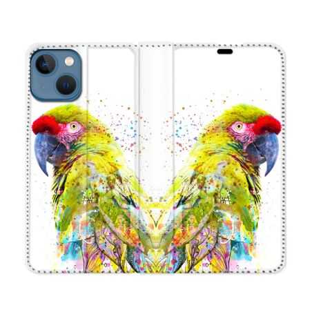 Housse Cuir Portefeuille Pour Iphone 14 (6.1) Animal Perroquet Jaune