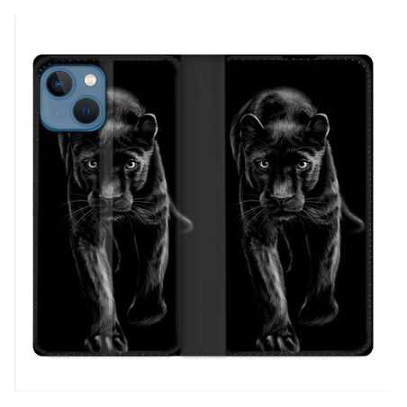 Housse Cuir Portefeuille Pour Iphone 14 (6.1) Animal Panthère Noire