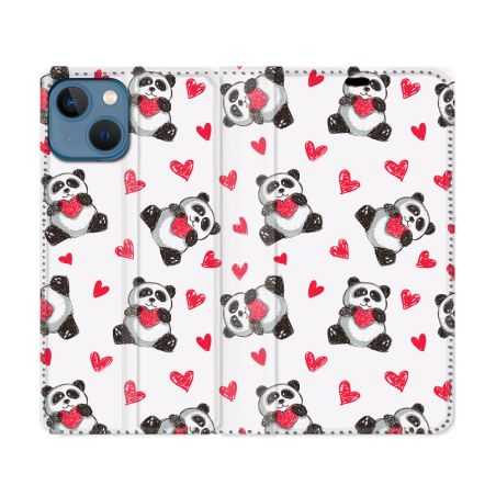 Housse Cuir Portefeuille Pour Iphone 14 (6.1) Animal Panda Cœur