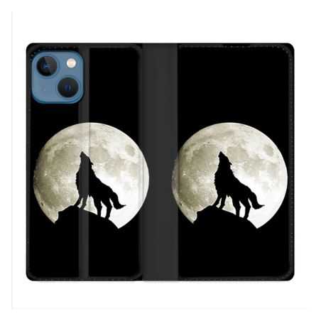 Housse Cuir Portefeuille Pour Iphone 14 (6.1) Animal Loup Noir