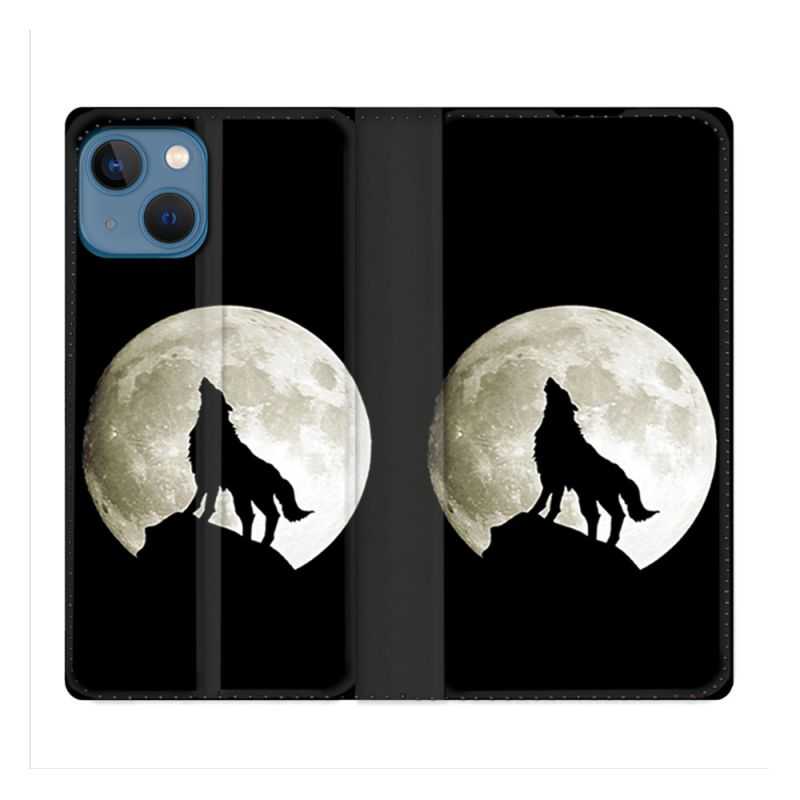 Housse Cuir Portefeuille Pour Iphone 14 (6.1) Animal Loup Noir