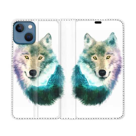 Housse Cuir Portefeuille Pour Iphone 14 (6.1) Animal Loup Montagne