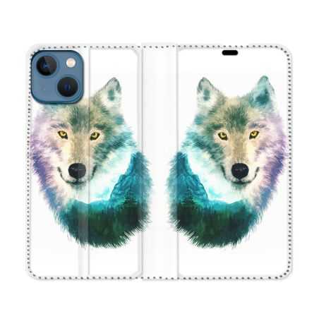 Housse Cuir Portefeuille Pour Iphone 14 (6.1) Animal Loup Montagne