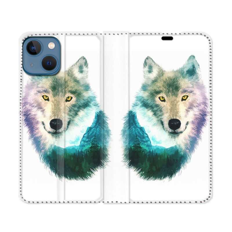 Housse Cuir Portefeuille Pour Iphone 14 (6.1) Animal Loup Montagne