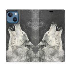 Housse Cuir Portefeuille Pour Iphone 14 (6.1) Animal Loup Hurlement