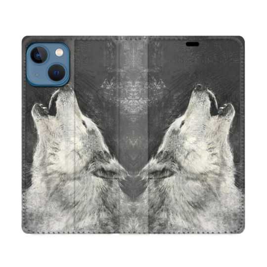 Housse Cuir Portefeuille Pour Iphone 14 (6.1) Animal Loup Hurlement