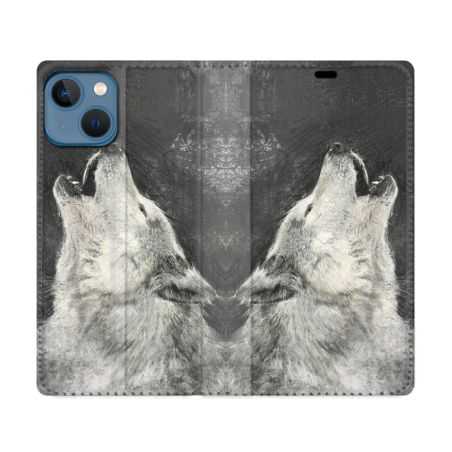 Housse Cuir Portefeuille Pour Iphone 14 (6.1) Animal Loup Hurlement
