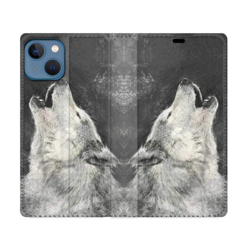 Housse Cuir Portefeuille Pour Iphone 14 (6.1) Animal Loup Hurlement