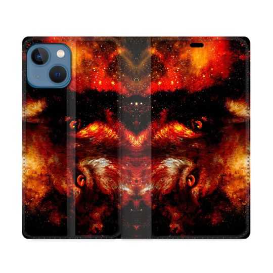 Housse Cuir Portefeuille Pour Iphone 14 (6.1) Animal Loup Espace