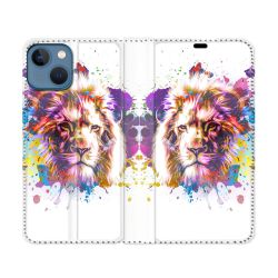 Housse Cuir Portefeuille Pour Iphone 14 (6.1) Animal Lion Tag