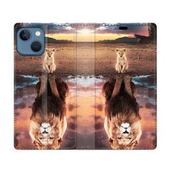 Housse Cuir Portefeuille Pour Iphone 14 (6.1) Animal Lion Reflet