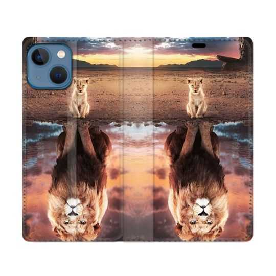 Housse Cuir Portefeuille Pour Iphone 14 (6.1) Animal Lion Reflet