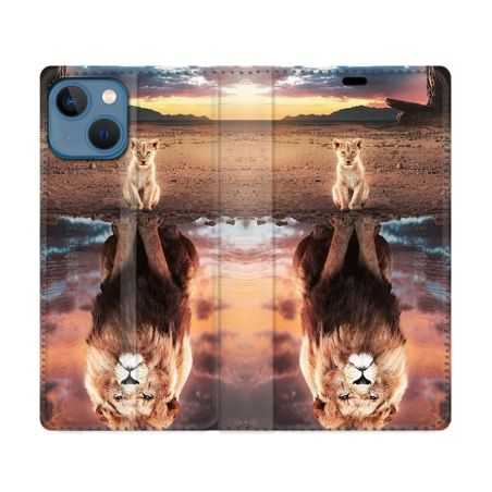Housse Cuir Portefeuille Pour Iphone 14 (6.1) Animal Lion Reflet