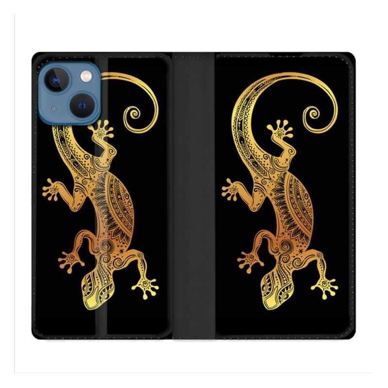 Housse Cuir Portefeuille Pour Iphone 14 (6.1) Animal Lezard Noir
