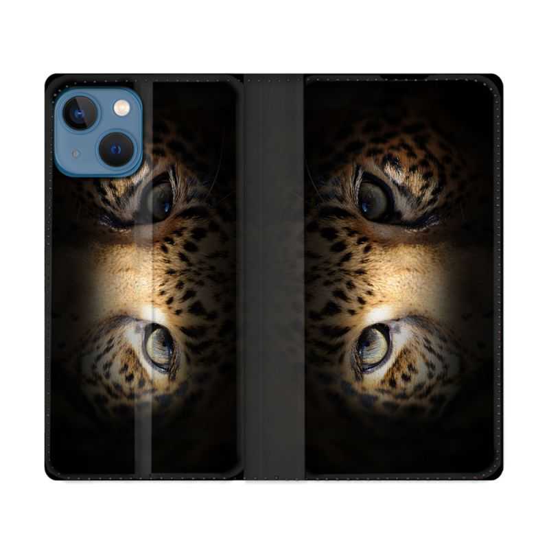 Housse Cuir Portefeuille Pour Iphone 14 (6.1) Animal Leopard Yeux