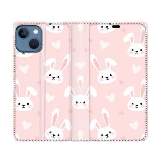 Housse Cuir Portefeuille Pour Iphone 14 (6.1) Animal Lapin Rose