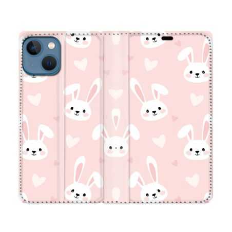 Housse Cuir Portefeuille Pour Iphone 14 (6.1) Animal Lapin Rose
