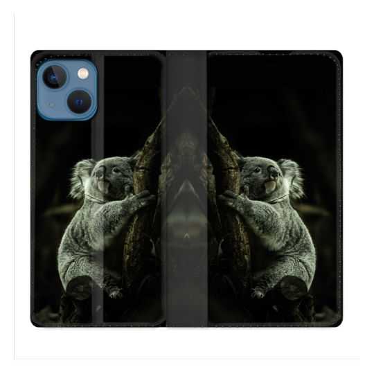Housse Cuir Portefeuille Pour Iphone 14 (6.1) Animal Koala Noir