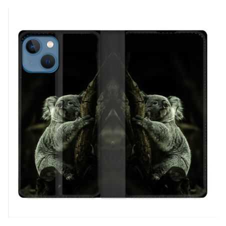 Housse Cuir Portefeuille Pour Iphone 14 (6.1) Animal Koala Noir