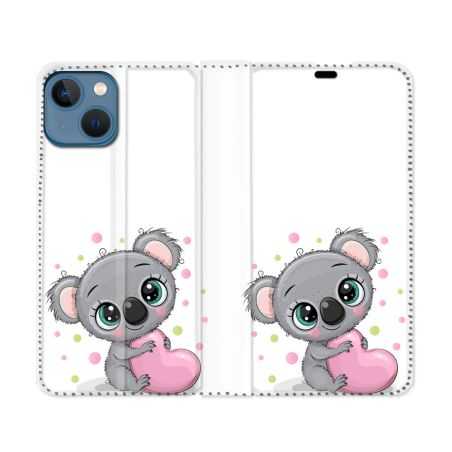 Housse Cuir Portefeuille Pour Iphone 14 (6.1) Animal Koala Cœur