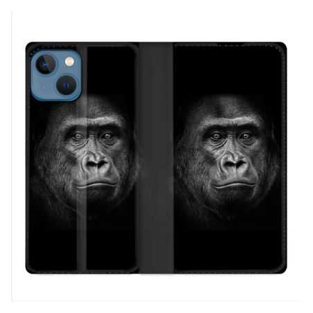 Housse Cuir Portefeuille Pour Iphone 14 (6.1) Animal Gorille Noir