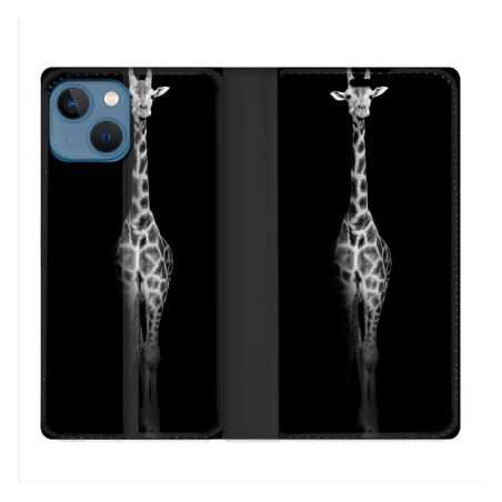Housse Cuir Portefeuille Pour Iphone 14 (6.1) Animal Girafe Noire