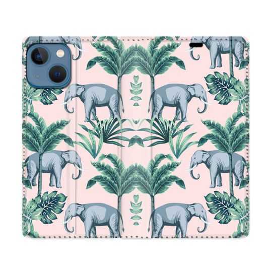 Housse Cuir Portefeuille Pour Iphone 14 (6.1) Animal Elephant Pattern