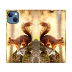 Housse Cuir Portefeuille Pour Iphone 14 (6.1) Animal Ecureuil Bois
