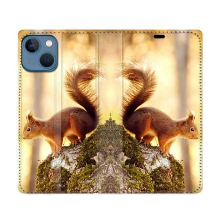Housse Cuir Portefeuille Pour Iphone 14 (6.1) Animal Ecureuil Bois