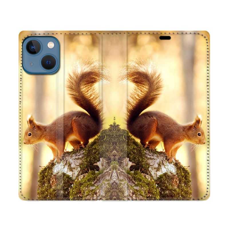 Housse Cuir Portefeuille Pour Iphone 14 (6.1) Animal Ecureuil Bois