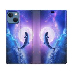 Housse Cuir Portefeuille Pour Iphone 14 (6.1) Animal Dauphin Vague