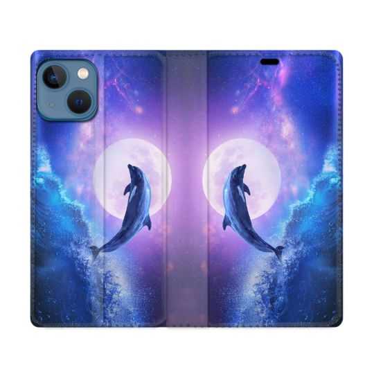 Housse Cuir Portefeuille Pour Iphone 14 (6.1) Animal Dauphin Vague