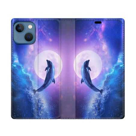 Housse Cuir Portefeuille Pour Iphone 14 (6.1) Animal Dauphin Vague