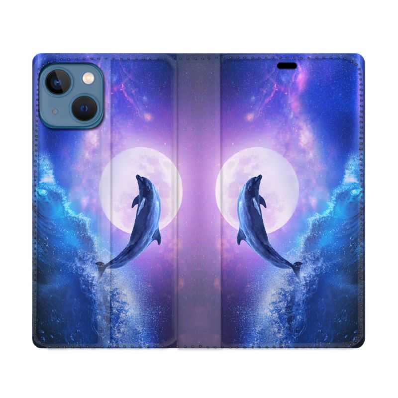 Housse Cuir Portefeuille Pour Iphone 14 (6.1) Animal Dauphin Vague