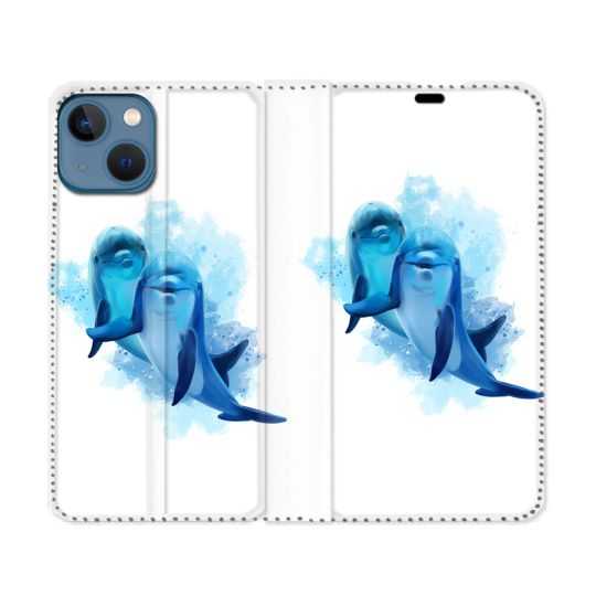 Housse Cuir Portefeuille Pour Iphone 14 (6.1) Animal Dauphin Duo